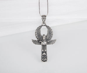 Unique Egyptian Ankh pendant with wings, lotus, and eye of Ra, handcrafted 925 silver jewelry