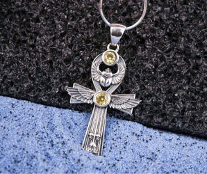 925 Silver Ankh Pendant with Scarabeus and Yellow Gem, unique Egypt Jewelry