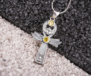 925 Silver Ankh Pendant with Scarabeus and Yellow Gem, unique Egypt Jewelry