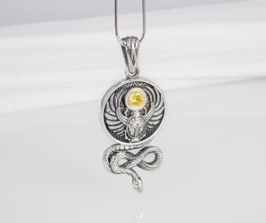 Sterling silver Egyptian pendant with Scarab, Eye of Ra, and Snake, unique handcrafted jewelry