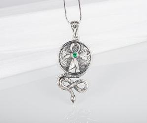 Unique round Egyptian pendant with snake, Ankh and green gem, handcrafted sterling silver jewelry