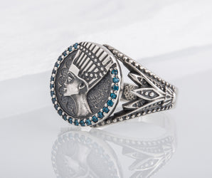 925 Silver Nefertiti Ring with Blue Cubic Zirconium Gems, Handmade Egyptian Jewelry