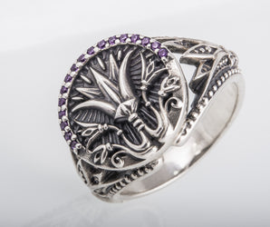 925 Silver Lotus Ring with Purple Cubic Zirconium Gems, Handmade Egyptian Jewelry