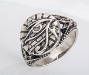 Sterling Silver Udjat Symbol Ring with Pyramid, Handmade Egyptian Jewelry