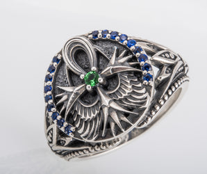 925 Silver Ankh Symbol Ring with Cubic Zirconium Gems, Handmade Egyptian Jewelry