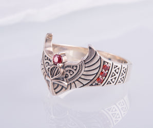 925 Silver Egypt ring Ankh and Wings with Red Gems, Unique handmade Jewelry