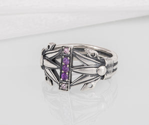 Unique Ancient Egypt ring with Lotus and purple gems, handcrafted 925 jewelry