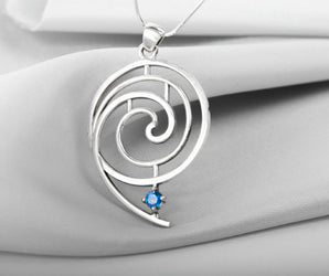 Sterling Silver Spiral Geometry Pendant with Blue gem, unique handmade jewelry
