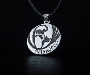 Halloween Pendant with Black Cat Sterling Silver Jewelry