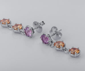 Bright Personality Earrings with Purple and Orange Gems, Rhodium Plated 925 Silver
