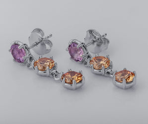 Bright Personality Earrings with Purple and Orange Gems, Rhodium Plated 925 Silver
