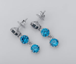Bright Personality Earrings with Blue Gems, Rhodium Plated 925 Silver
