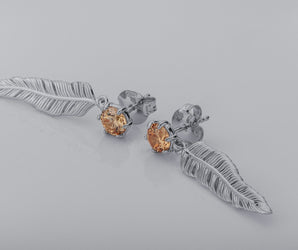 Creative Personality Feather Earrings with Orange Gems, Rhodium Plated 925 Silver
