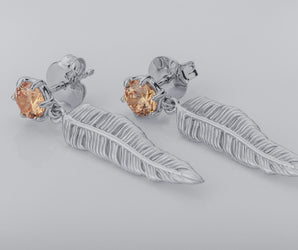 Creative Personality Feather Earrings with Orange Gems, Rhodium Plated 925 Silver