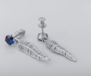 Creative Personality Feather Earrings with Blue Gems, Rhodium Plated 925 Silver