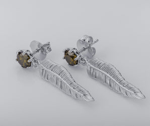 Creative Personality Feather Earrings with Khaki Gems, Rhodium Plated 925 Silver