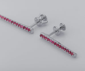 Strict Personality Earrings with Red Gems, Rhodium Plated 925 Silver