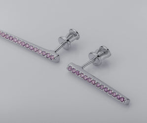 Strict Personality Earrings with Pink Gems, Rhodium Plated 925 Silver
