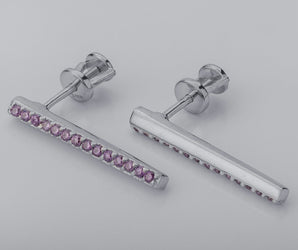 Strict Personality Earrings with Pink Gems, Rhodium Plated 925 Silver