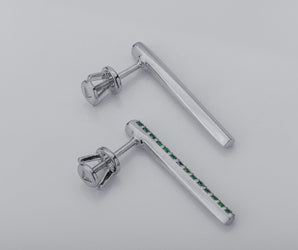 Strict Personality Earrings with Green Gems, Rhodium Plated 925 Silver