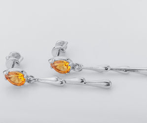 Candle Flame Citrine Earrings with Wax Droplets, Rhodium plated 925 Silver