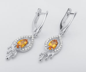 Citrine Candle Flame Earrings, Rhodium plated 925 silver