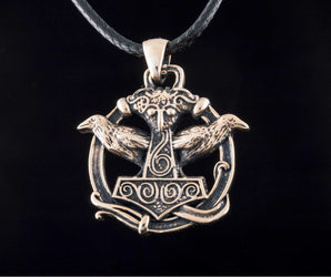 Thors Hammer with Ravens Pendant Bronze Handcrafted Jewelry