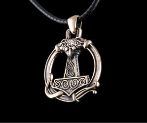 Thors Hammer Pendant with Ornament Bronze Unique Handmade Jewelry