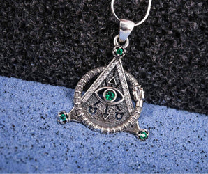925 Silver Masonic Pendant with Eye of Providence and Gems, Unique handmade Jewelry