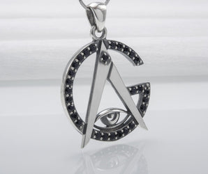 925 Silver Pendant With Minimalistic Masonic Symbol And Gems, Handmade Jewelry