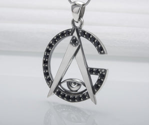925 Silver Pendant With Minimalistic Masonic Symbol And Gems, Handmade Jewelry