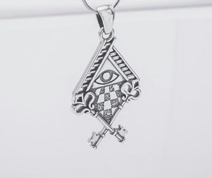 Sterling Silver Chess Board Pendant with All Seeing Eye and Keys, Handmade Masonic Jewelry