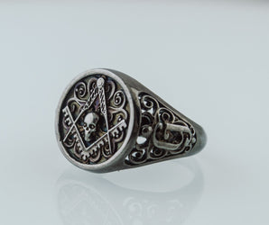 Ring with Masonic Symbol Ruthenium Plated Sterling Silver Black Limited Edition Jewelry