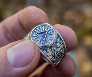Masonic Ring with Blue Cubic Zirconia Sterling Silver Handcrafted Jewelry