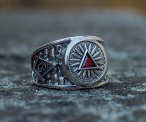 Masonic Ring with Red Cubic Zirconia Sterling Silver Handcrafted Jewelry