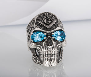 Skull Ring with Masonic Symbol and Gem Sterling Silver Unique Handmade Jewelry