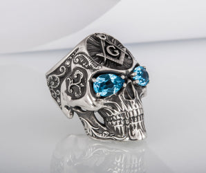 Skull Ring with Masonic Symbol and Gem Sterling Silver Unique Handmade Jewelry