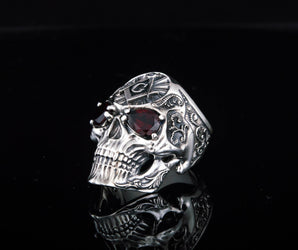 Skull Ring with Masonic Symbol and Garnet Sterling Silver Unique Handmade Jewelry