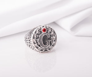 925 Silver Masonic Ring with G symbol and Leaves and Red Gem, unique jewelry