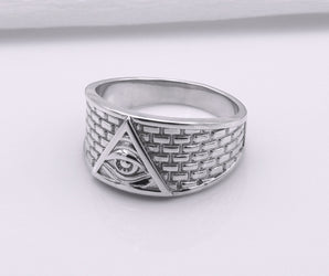 950 Platinum Handcrafted Masonic Ring with Eye of Providence and Brick Ornament, Unique Jewelry