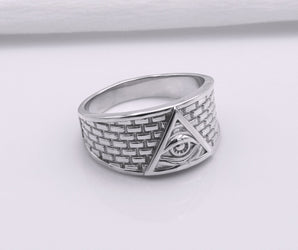 950 Platinum Handcrafted Masonic Ring with Eye of Providence and Brick Ornament, Unique Jewelry