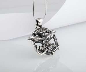 Thors Hammer with Ravens Pendant Sterling Silver Handcrafted Jewelry