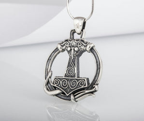 Thors Hammer Pendant with Ornament Sterling Silver Unique Handmade Jewelry