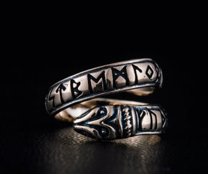 Ouroboros Ring with Elder Futhark Runes Bronze Handmade Viking Jewelry