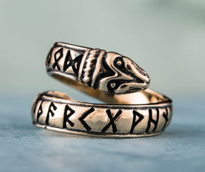 Ouroboros Ring with Elder Futhark Runes Bronze Handmade Viking Jewelry