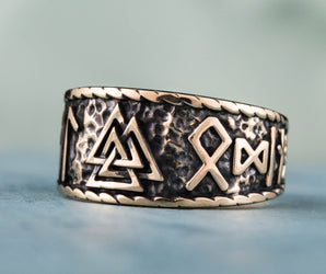 Valknut Symbol With HAIL ODIN Runes Bronze Pagan Ring