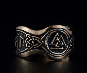 Valknut Symbol With HAIL ODIN Runes Bronze Viking Ring