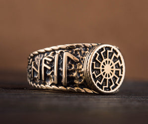 Black Sun Symbol with HAIL ODIN Runes Bronze Viking Ring