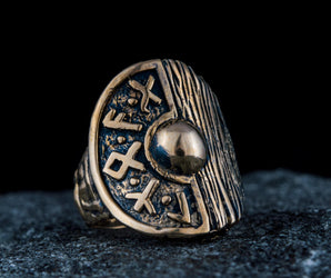 Viking Shield With Runes and Wooden Texture Bronze Pagan Ring