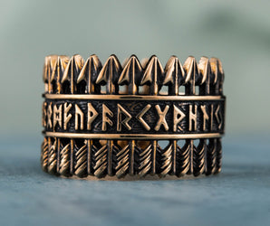 Arrows Ring with Elder Futhark Runes Bronze Viking Jewelry